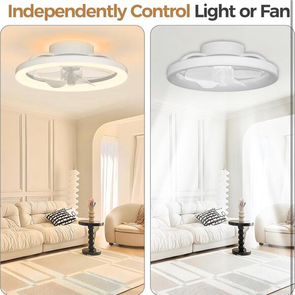16’’ White Bladeless Ceiling Fan w/ Light & Remote, Flush Mount for Bedroom - Picture 7 of 9